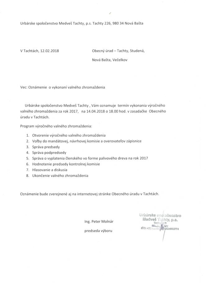 Oznámenie o vykonaní valného zhromaždenia